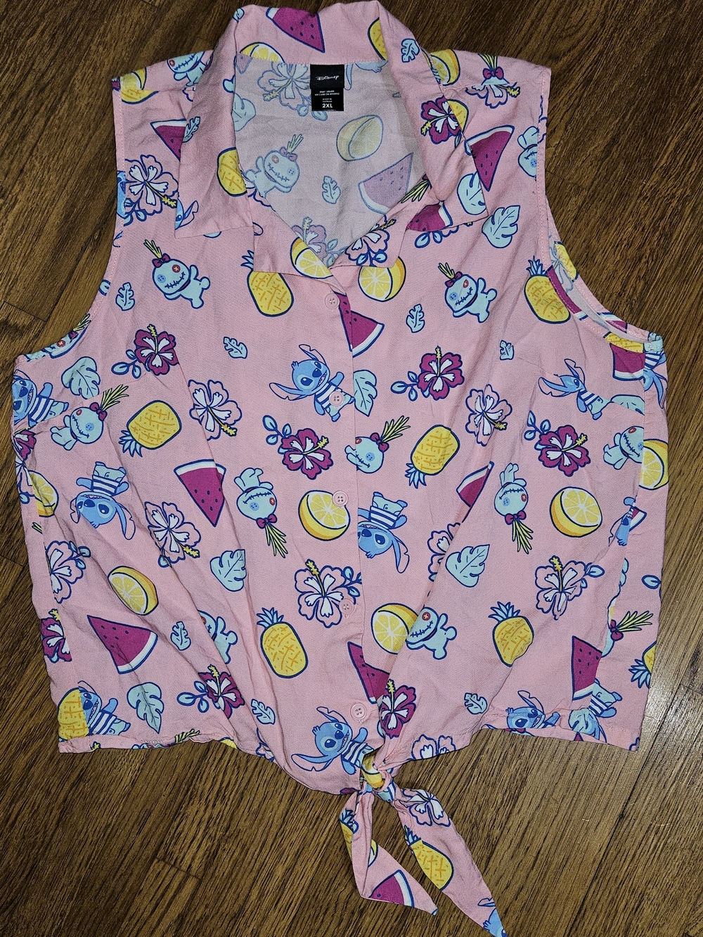 Disney Stitch Pink Tropical Fruit & Floral Button-Up Shirt/Hot Topic